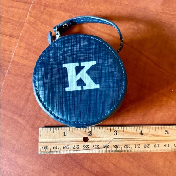 Navy Blue Round Trinket/Coin Purse/EarBuds Case with K Initial - Picture 5 of 6